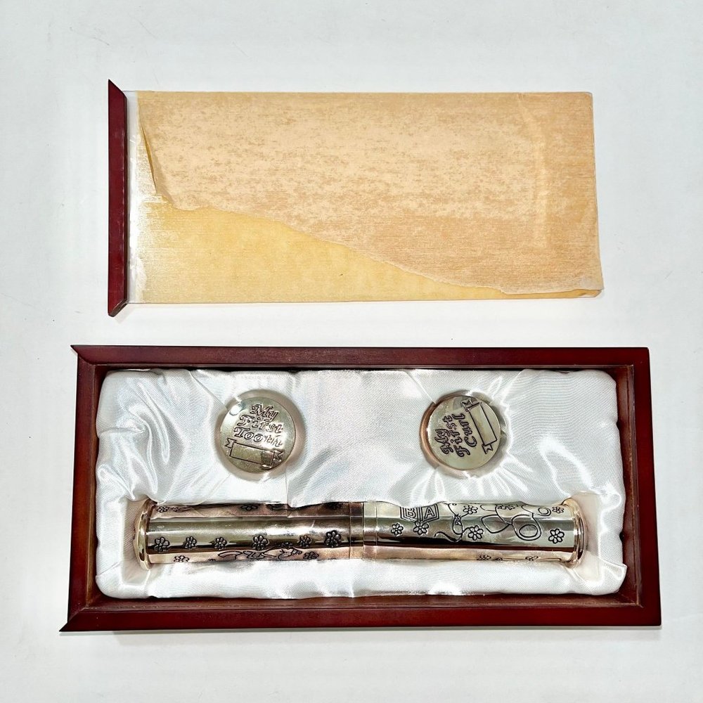 Christening Set Silverplated Birth Certificate Holder My First Tooth & Curl